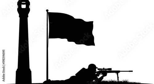 Silhouette Sniper Soldier Aiming Rifle Near Lighthouse and Waving Flag