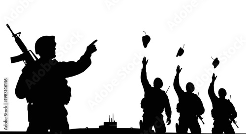 Silhouette of soldiers throwing grenades, military operation, teamwork, action, war, combat, training