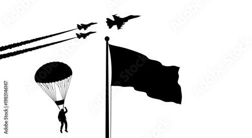 Paratrooper Jumps Near Flag and Fighter Jets in Formation