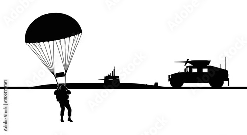 Paratrooper Landing Near Submarine and Humvee Silhouette