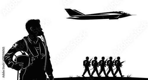 Pilot and Fighter Jet Silhouette with Marching Soldiers