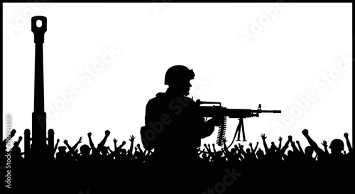 Silhouette Soldier with Machine Gun and Crowd with Raised Arms