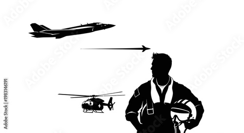 Pilot Silhouette with Jet and Helicopter in Flight