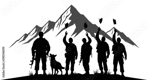 Silhouette Soldiers and Dog Celebrate Victory with Grenades Against Mountain Backdrop