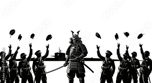 Samurai Warrior Stands Tall Amidst Soldiers Celebrating Victory with Submarines in Background