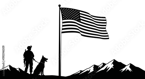 Soldier and Military Dog Silhouette with American Flag and Mountains