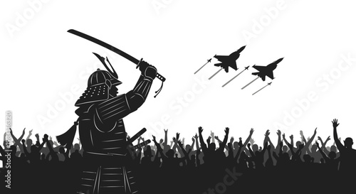 Samurai Warrior with Katana and Fighter Jets Flying Over Cheering Crowd