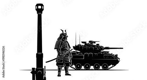 Samurai Warrior with Katana and Modern Tank, Fusion of Tradition and Technology