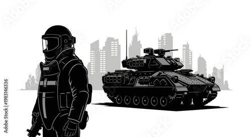 Soldier in Hazmat Suit and Armored Tank in Ruined City Landscape