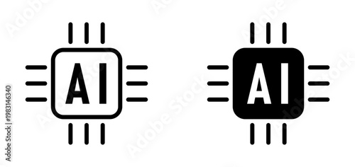 AI Artificial Intelligence Sign Icon Set with Stylized Micro Chip Semiconductor Processor Symbol. Vector Image.