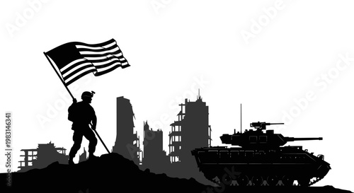 Soldier Holding American Flag in Ruined City with Tank Silhouette