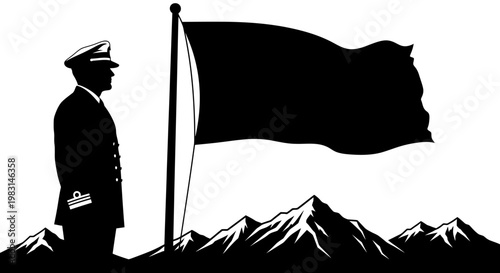 Silhouette of a military officer saluting a black flag against a mountain backdrop