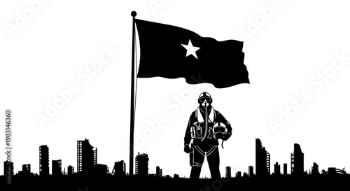 Silhouette of a Pilot and Flag Over Cityscape at Dawn