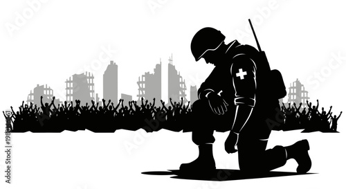 Soldier kneeling in war-torn city with crowd behind, symbolizing sacrifice and hope