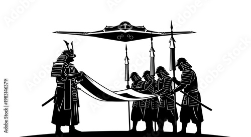 Samurai Warriors Unfurling Japanese Flag Under Futuristic Drone