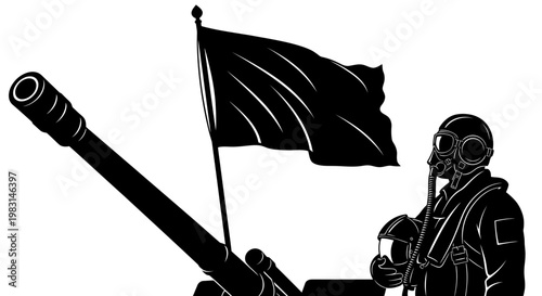 Silhouette of a soldier with a flag and artillery gun, symbolizing military power and national pride.