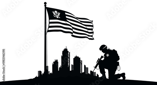 Soldier Kneeling with Rifle Under American Flag and Cityscape Silhouette