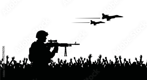 Soldier with Rifle and Fighter Jets Over Crowd Silhouette