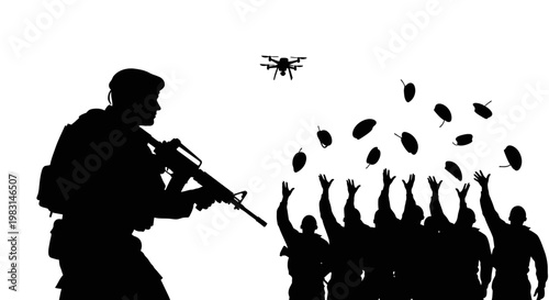 Soldier with Rifle and Drone Dropping Grenades on Crowd