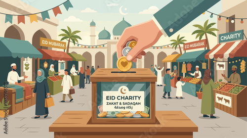 A compassionate flat design illustration depicting the act of giving Zakat charity during Eid al-Adha, set against a vibrant market backdrop.