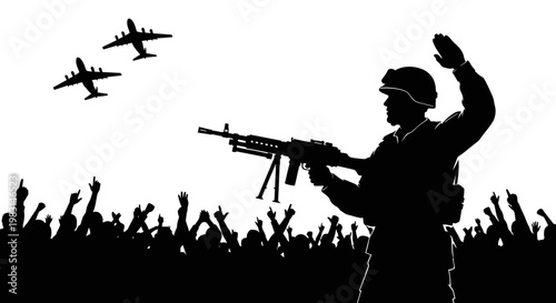 Soldier with Rifle and Airplanes Over Crowd