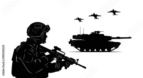 Soldier, Tank, and Fighter Jets Silhouette: Military Power and Warfare Concept
