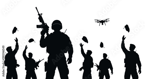 Soldiers celebrating victory with drone overhead, throwing helmets in the air