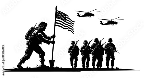US Soldiers Raising American Flag with Helicopters Flying Overhead