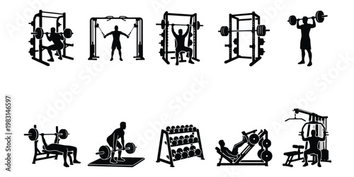 Gym equipment silhouettes set, 10 fitness icons with bodybuilders and weightlifting machines, black vector workout elements for bodybuilding and strength training