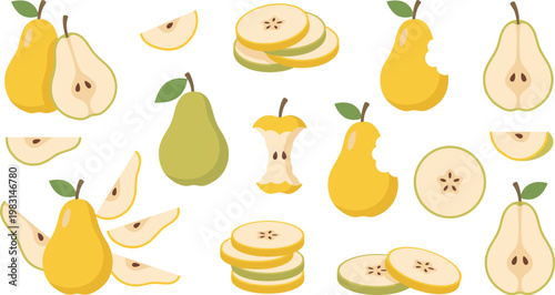 Pear Fruit Vector Collection with Yellow and Green Varieties, Whole, Halved, Sliced, Wedge and Core Pieces for Fresh Food Design and Nutrition Graphics