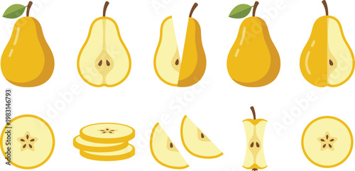 Yellow Pear Vector Set with Whole, Halved, Sliced, Wedge and Core Pieces in Flat Style for Fresh Fruit Design and Healthy Nutrition Graphics
