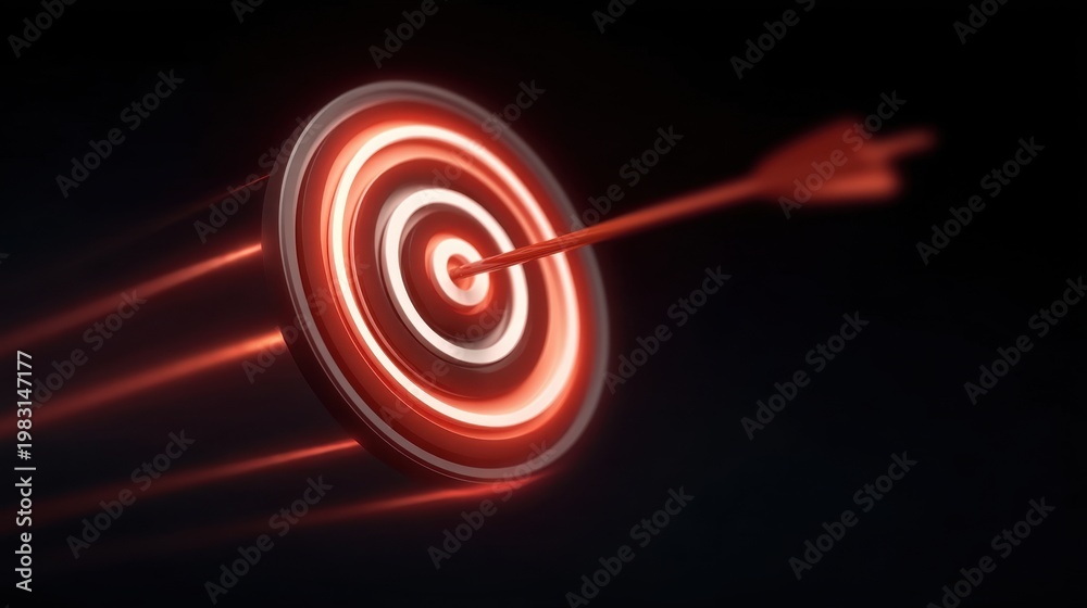 Fototapeta premium Glowing Red Target with Arrow Hitting Center in Dynamic Perspective View