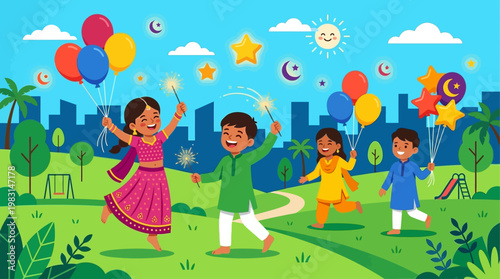 A lively flat design illustration capturing the pure joy of children celebrating Eid al-Adha with balloons and sparklers in a park. This vector artwork radiates happiness and festive spirit.
