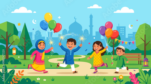 A lively flat design illustration capturing the pure joy of children celebrating Eid al-Adha with balloons and sparklers in a park. This vector artwork radiates happiness and festive spirit.