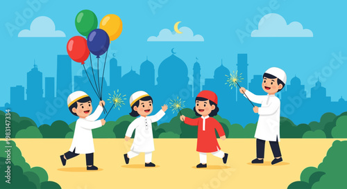 A lively flat design illustration capturing the pure joy of children celebrating Eid al-Adha with balloons and sparklers in a park. This vector artwork radiates happiness and festive spirit.