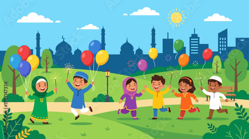 A lively flat design illustration capturing the pure joy of children celebrating Eid al-Adha with balloons and sparklers in a park. This vector artwork radiates happiness and festive spirit.