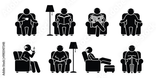 Stick figure people sitting in armchairs vector set, black silhouettes of men relaxing in lounge chairs, person reading and resting icons