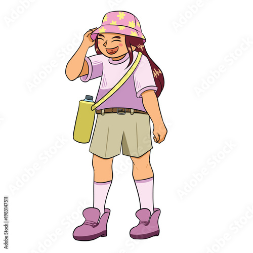 vector character full body illustration young girl long hair wearing hat and bring water bottle ready for summer outdoor smiling bright colors