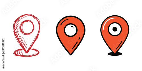 Location pin icons in various artistic styles including a hand drawn sketch and two cartoonish flat designs with vibrant orange color