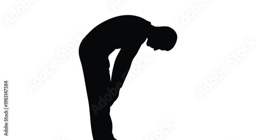 Silhouette vector illustration of a tired man standing and bending forward while leaning on his knees representing physical exhaustion or intense mental stress and fatigue