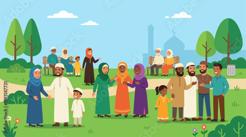 A vibrant flat design illustration portraying a diverse Muslim community happily gathering in a park for Eid al-Adha, dressed in traditional attire.