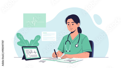 Doctor working at desk with medical charts and tablet, EKG graph background