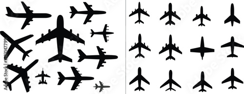 Airplane silhouettes collection, aviation shapes comparison, aircraft icons grid, flying plane symbols, aeronautical design elements, transportation illustration, aviation industry graphic