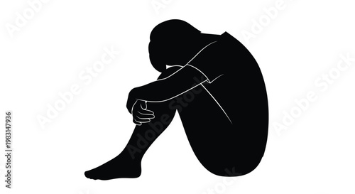 Professional vector illustration of a sad person sitting alone while feeling deep emotional distress and mental exhaustion captured in a simple minimalist black silhouette graphic design
