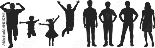 Human silhouettes collection, children playful poses, adults standing icons, family activity symbols, lifestyle illustration, generational contrast graphic design