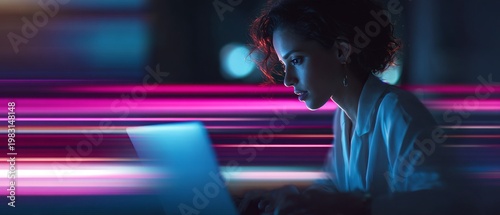 Focused woman working on laptop with neon light streaks background