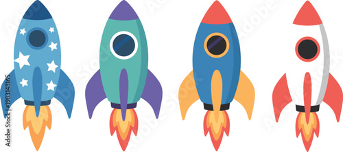 Set of colorful rocket ship launch icons with fire and stars for startup business growth and space exploration concept vector illustration isolated on white background.