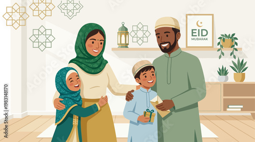 A heartwarming flat design illustration depicting a diverse Muslim family celebrating Eid al-Adha, exchanging greetings in a modern, minimalist home.