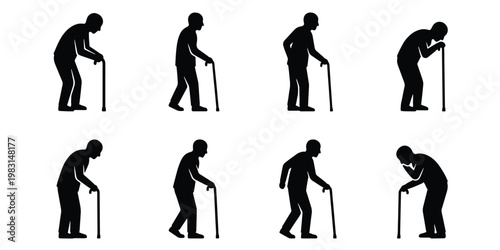 Elderly man silhouette set with walking stick, senior male figures with cane in various poses, 8 vector icons of aging and geriatric mobility