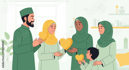 A heartwarming flat design illustration depicting a diverse Muslim family celebrating Eid al-Adha, exchanging greetings in a modern, minimalist home.